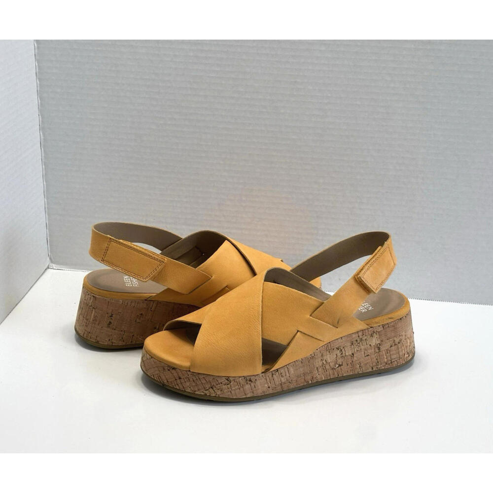 Eileen Fisher Timor Womens 8.5 Mango Orange Nubuck Espadrille Cork Wedge Sandals